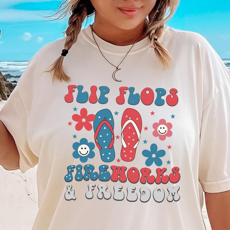 4TH OF JULY SHIRT, FLIP FLOPS AND FIREWORKS, JULY 4TH SHIRT UNISEX COTTON SHIRT, OVERSIZED HOLIDAY SUMMER SHIRT Comfort...