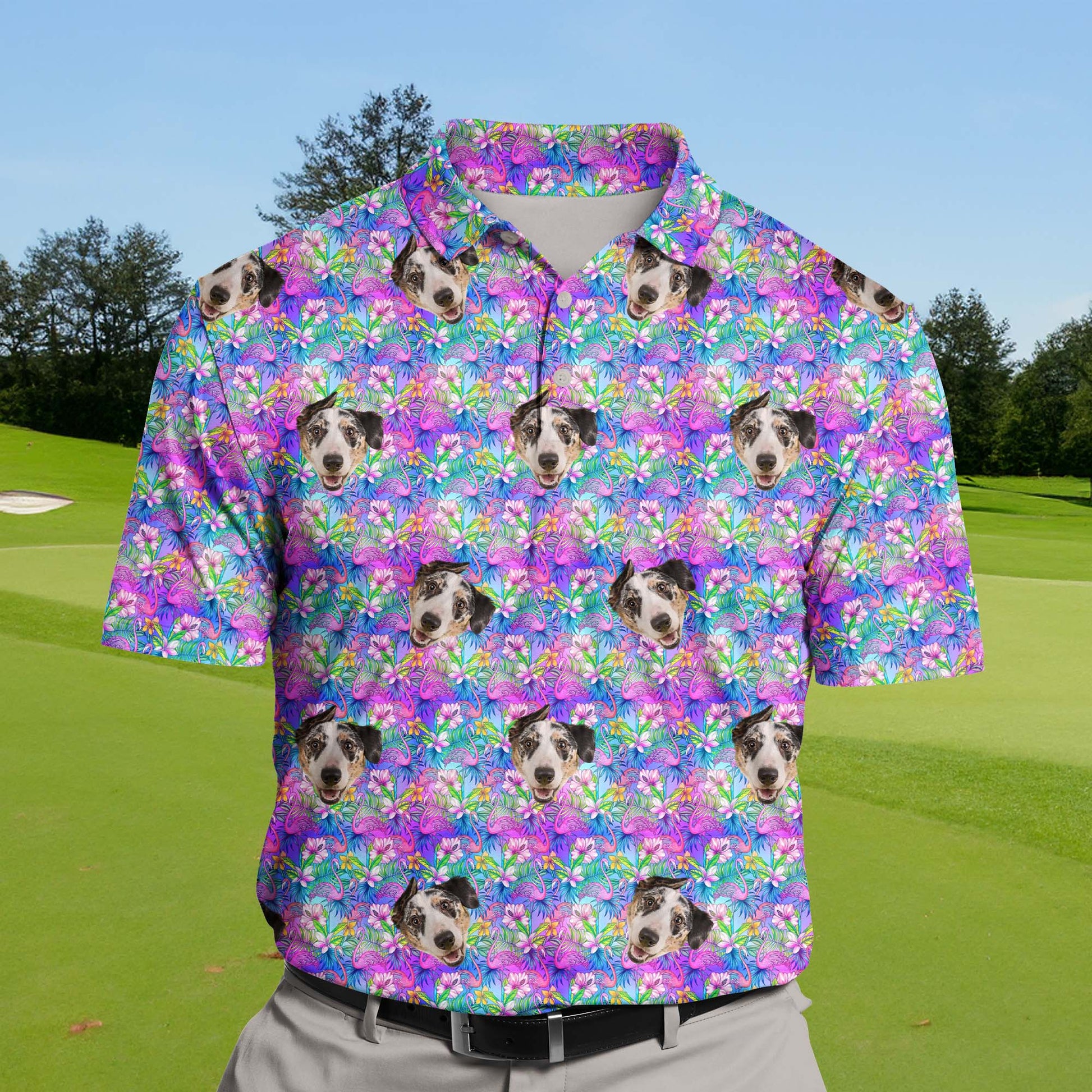 Tropical Bloom Flamingo | Funny Golf Shirts with Faces or Logos