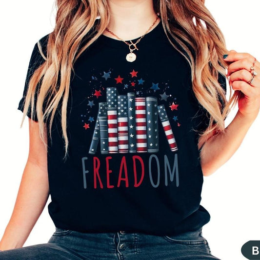 4th of July Freedom Reading Shirt, American Banned Book Shirt, Patriotic Book Person Gift for Librarian, Stars Stripes Teacher Library HQJR0