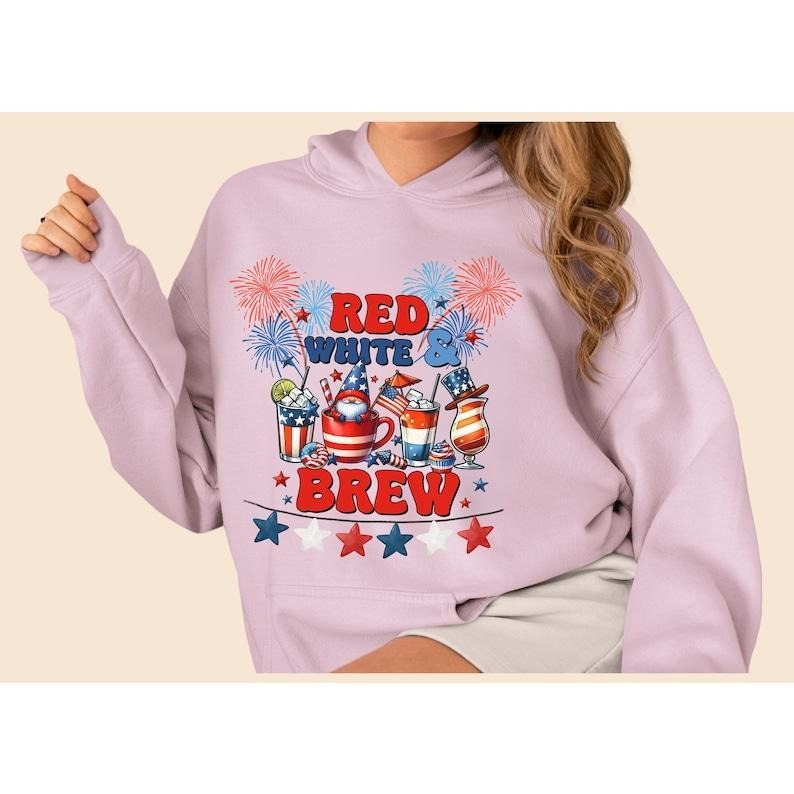 4th of July Gnome Red White and Brew Pullover Hoodie for your Independence Day Celebrations Latte Stars and Fireworks USA...