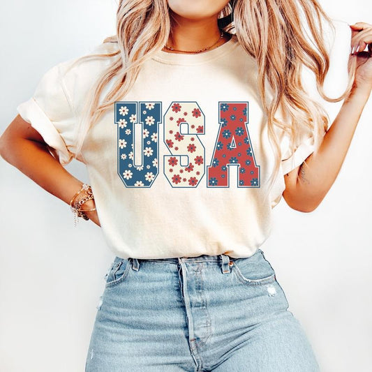 4th of July Shirt - USA Floral Flowers Shirt - Independence day Women Tee & Sweatshirt Hoodie | InkThreadWorks.com
