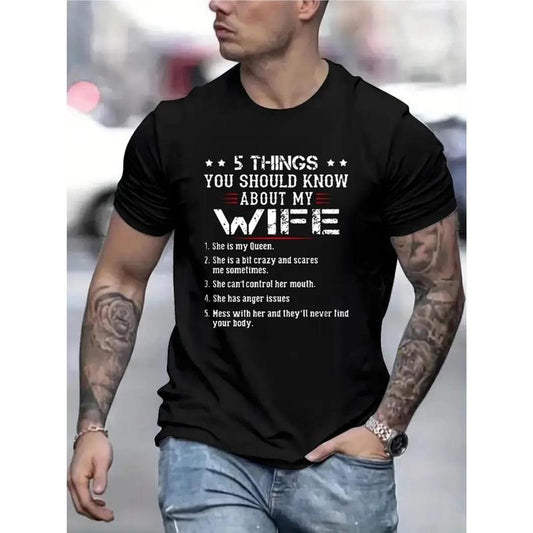 5 Things About My Wife Ultra-Soft Cotton T-Shirt, Funny Creative Letter Print for Men Women Couple Fashion, Breathable Moisture-Wicking Street Short Sleeve Comfort-Fit Crew Neck, Perfect for Everyday Wear Made in USA