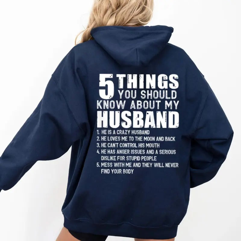 5 Things You Should Know About My Husband (On Back) Hoodie Casual Street Style Fleece Fabric Pullover Sweatshirt for...