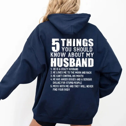 5 Things You Should Know About My Husband (On Back) Hoodie Casual Street Style Fleece Fabric Pullover Sweatshirt for...
