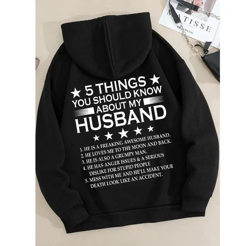 5 Things you Should Know about My Husband Funny Hoodie Casual Street Style Fleece Fabric Pullover Hooded Sweatshirt for Women for Men, Perfect Gift