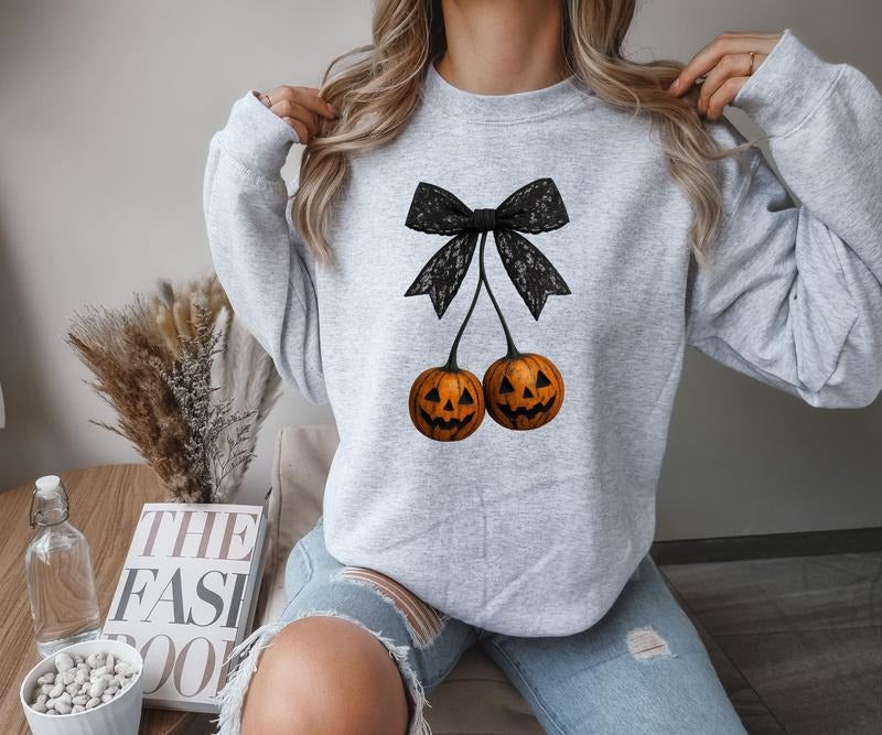 Gildan Gray Bow With Pumpkins Crewneck Sweatshirt for Women Loose Fit Casual Halloween Style 50/50 Cotton Polyester Blend...