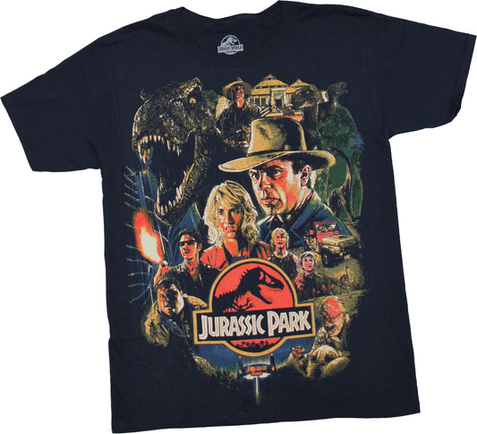 Jurassic Park Mens T-Shirt -Distressed Poster Cast Over Logo