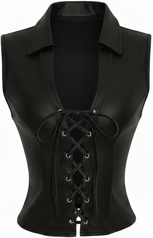 Women's PU Leather Lace Up Corset Crop Tank Top Punk Sleeveless Collared Fitted Night Out Tops