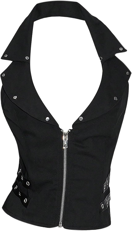 Women's Zip Up Halter Top Grommet Sleeveless Backless Goth Punk Tank Tops