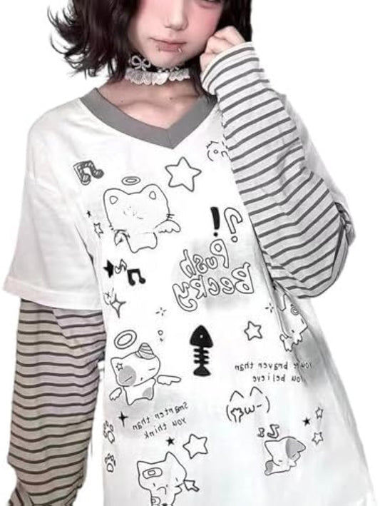 Y2K Emo Grunge Teen Girl Shirts Women Cutecore Long Sleeve Striped Graphic Tshirt 2000s Alt Top Clothes