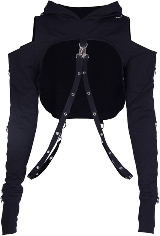 Gothic Punk Long Sleeve Cold Shoulder Hooded Crop Tops Buckle Strap Hoodie Sweatshirt