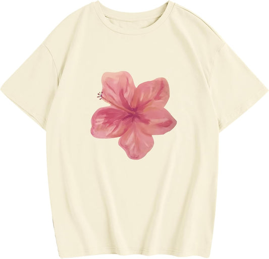 Girls Hibiscus Flower Graphic Tees Floral Hawaiian Beach Preppy Shirts for Kids Cute Aesthetic T Shirt Summer Tops