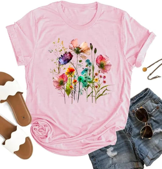 Womens Boho Shirts Vintage Floral Tshirt Cottagecore Wildflowers Graphic Tees Bohemian Short Sleeve Tops