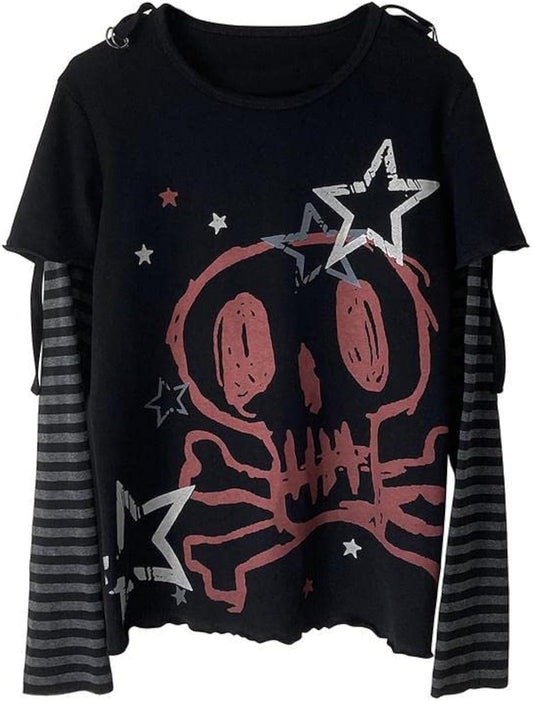 Y2K Tshirt Long Sleeve Faux Two Piece Harajuku Loose Punk Tees Casual Rock Emo Grunge Aesthetic Tops