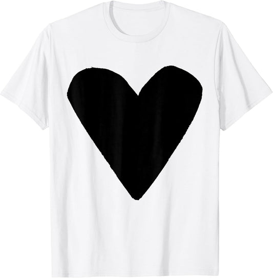 Unisex Adults Kids Black Heart White T-Shirt Small Classic Fit Modern U-Neck Short Sleeve T-Shirt