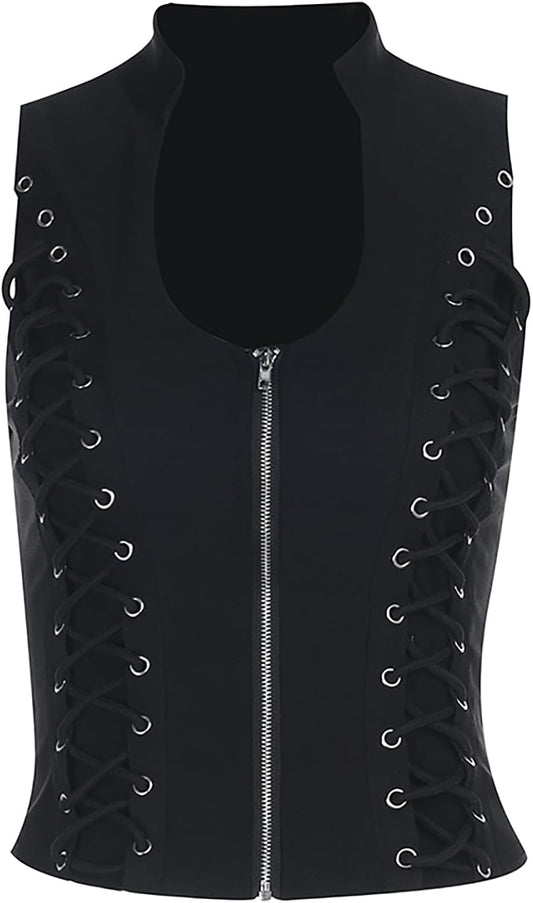 Womens Sleeveless Punk Rock Crop Tank Top Zipper Goth Streetwear Y2k Music Festival Outfits