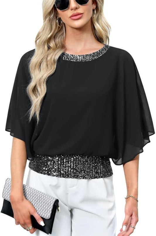 Women's Dressy Sequin Formal Wedding Top Batwing Sleeve Chiffon Party Shirt