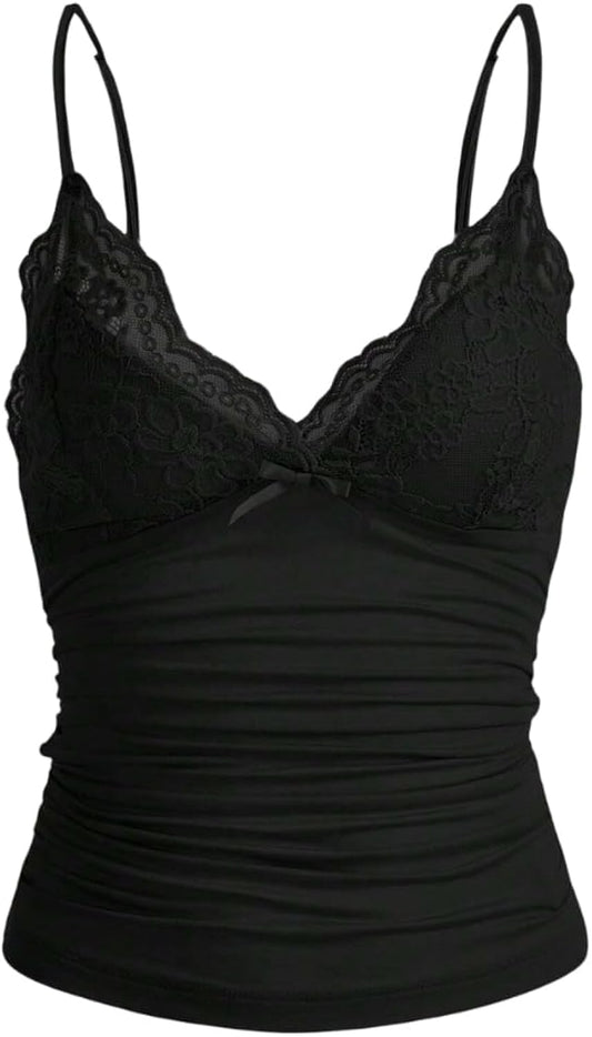 Women Y2k Lace Trim Cami Top Spaghetti Strap Fairy Grunge Tank Top V Neck Ruched Bow Lace Patchwork Cami Shirt
