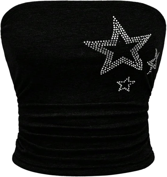 Women's Star Rhinestone Ruched Strapless Crop Tube Top Y2k Graphic Bandeau Tops