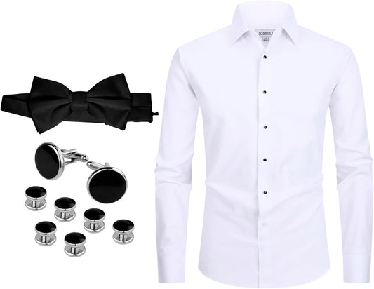 Men's Dress Shirt White 4-Way Stretch Slim Fit Convertible Tuxedo and Regular Bowtie, Cufflinks and Stud Included