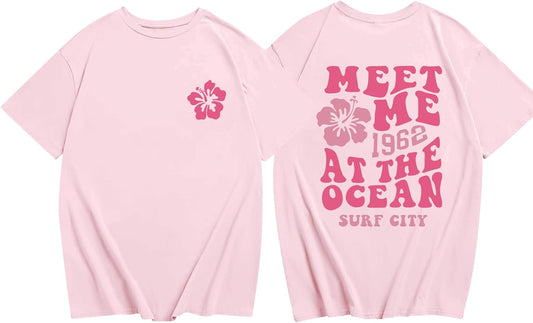 Cute Hawaiian Beach T Shirts for Girls Kids Aesthetic Pink Hibiscus Flower Shirt Oversized Summer Graphic Tee Tops