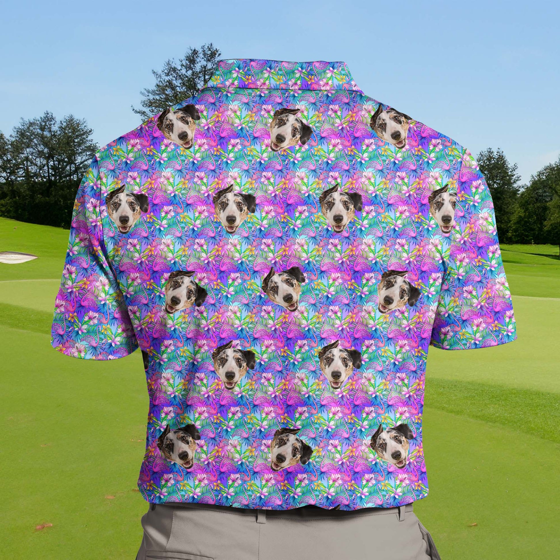 Tropical Bloom Flamingo | Funny Golf Shirts with Faces or Logos