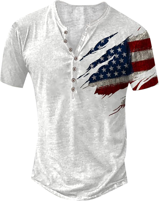 American Flag Shirts for Men Retro Patriotic Graphic Short Sleeve Button-Down Henley Shirt Funny 4th of July T-Shirt
