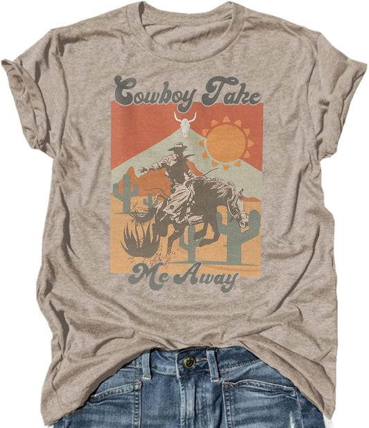 Funny Western Shirts for Women Cowboy Take Me Away Vintage Graphic Country T Shirt Teen Girls Summer Retro Tees Tops