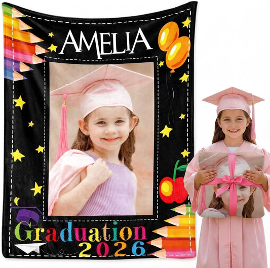 Custom Blanket with Photo&Name for Girls Boy Kindergarten Graduation Gifts,Personalized Kindergarten Graduation Blankets Class of 2026 Gifts