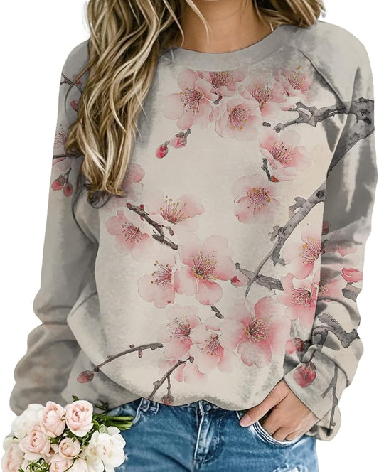 Womens Floral Print Crewneck Sweatshirt Japanese Art Long Sleeve Shirts Loose Casual Fall Graphic Sweatshirts for Women