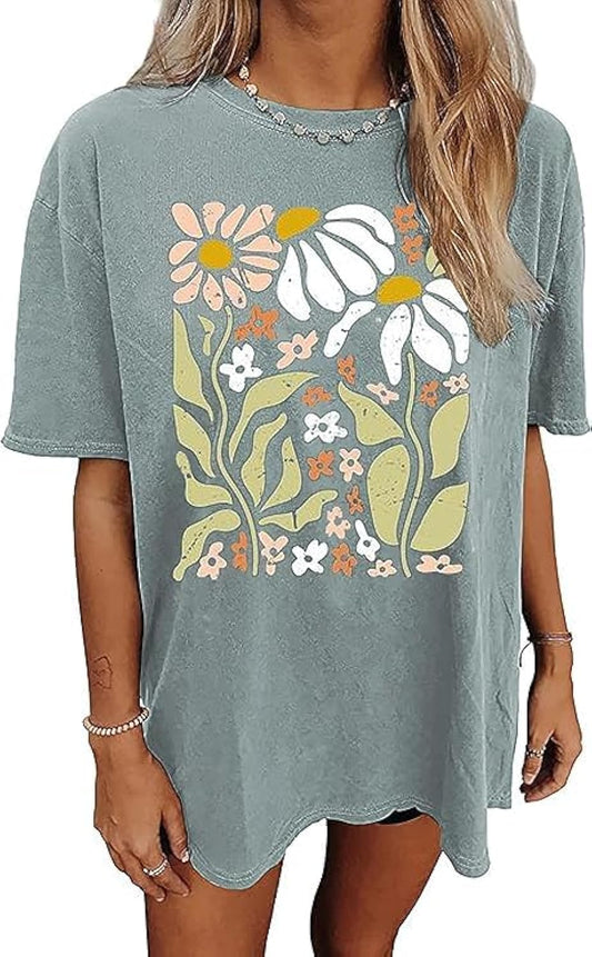 Oversized Graphic T-Shirt for Women Vintage Floral Shirt Rock Band Music Guitar Tee Casual Holiday Cute Plant Tops