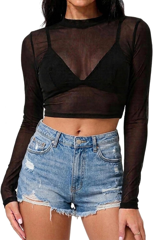 Women Mesh Crop Top Long Sleeve Cropped Workout Top Black Sheer Tops Slim Fit Outfits