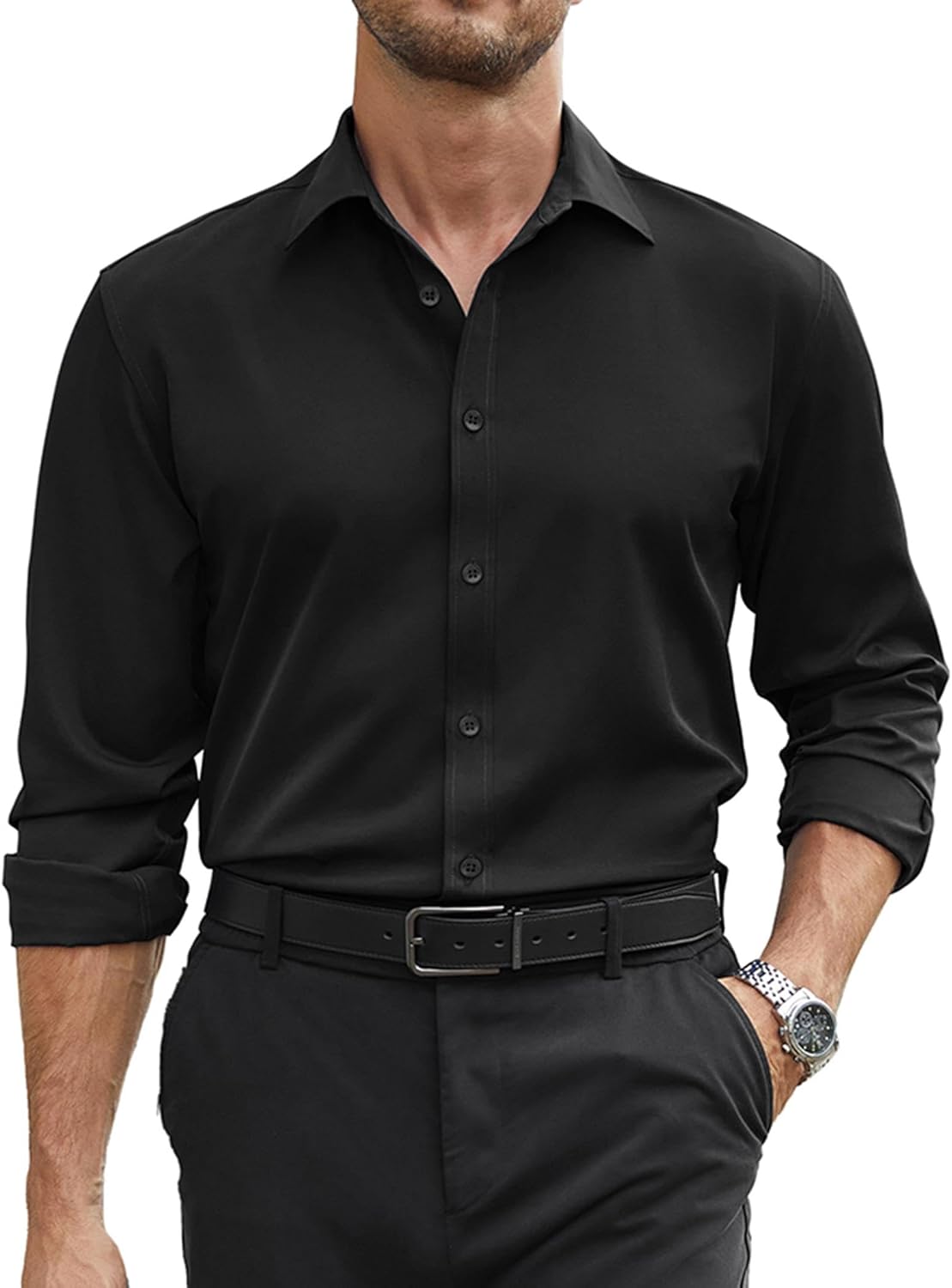 Mens Stretch Dress Shirts Long Sleeve Button Down Shirt Regular Fit Formal Business Wedding Shirts