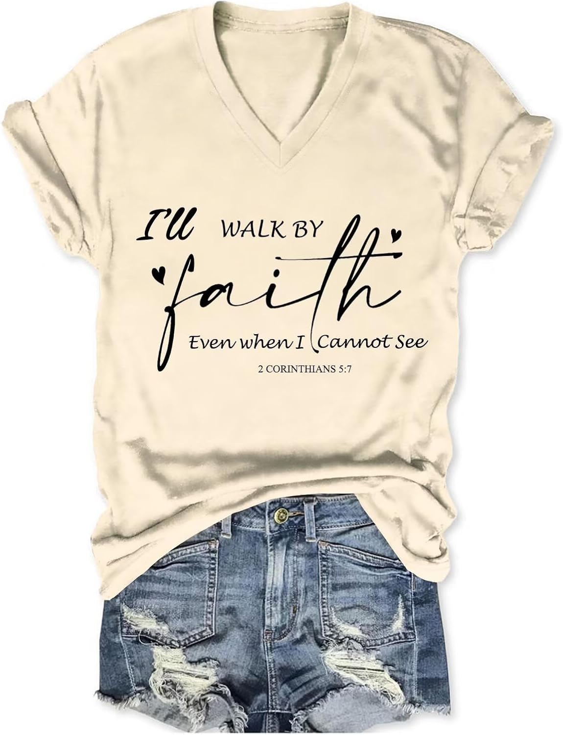 Christian Shirt for Women I Will Walk by Faith V Neck Graphic Tees Tshirt with Jesus Quote Inspirational T-Shirt Tops