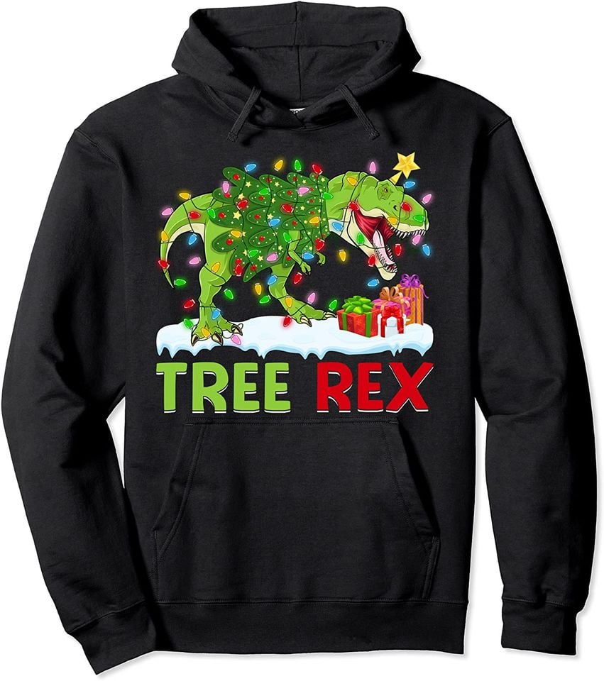 Christmas Dinosaur Tree Hoodie Family Matching Boys Kids Xmas Pullover