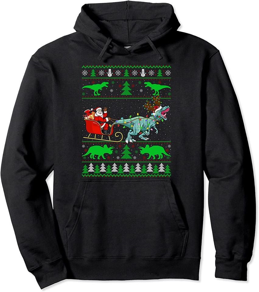 Christmas Dinosaur Tree Hoodie Family Matching Boys Kids Ugly Santa Ride Dinosaur Christmas Pullover