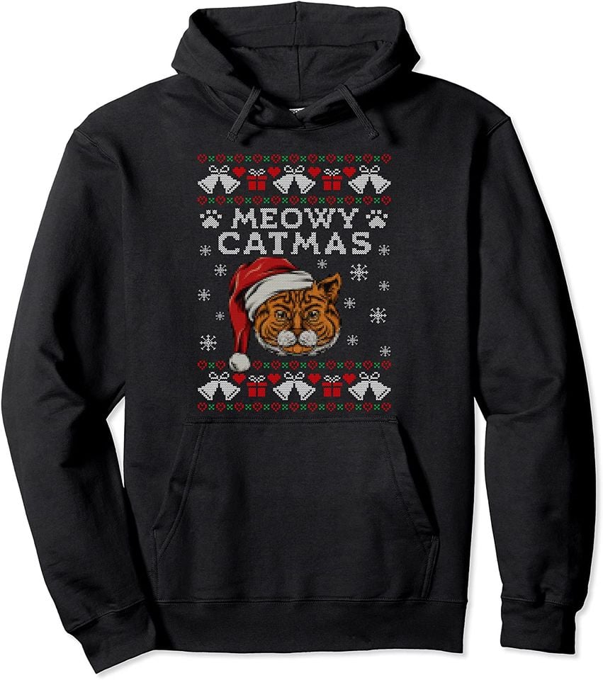 Meowy Catmas Christmas Ugly Sweater Style Pullover Hoodie