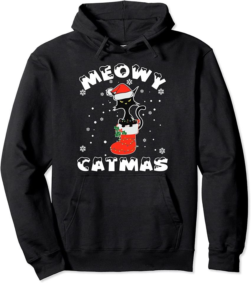 Black Cat Christmas Lights Merry Meowy Catmas 2021 Pullover Hoodie