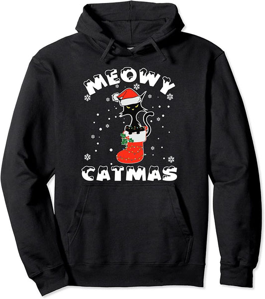 Black Cat Christmas Lights Merry Meowy Catmas 2021 Pullover Hoodie