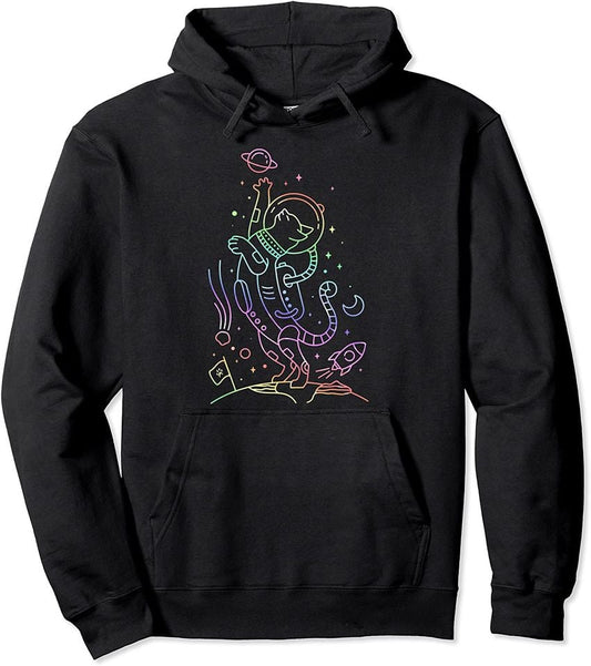 Trippy Color Hoodie Cat Trippy Colorful Line Art Space Astronaut Pullover