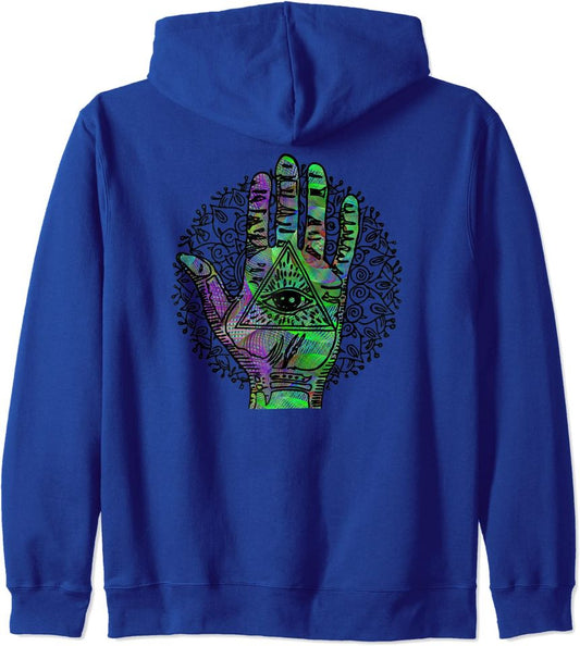 Trippy Color Hoodie Psychedelic Hamsa Hand Trippy Colorful Third Eye Green Swirl