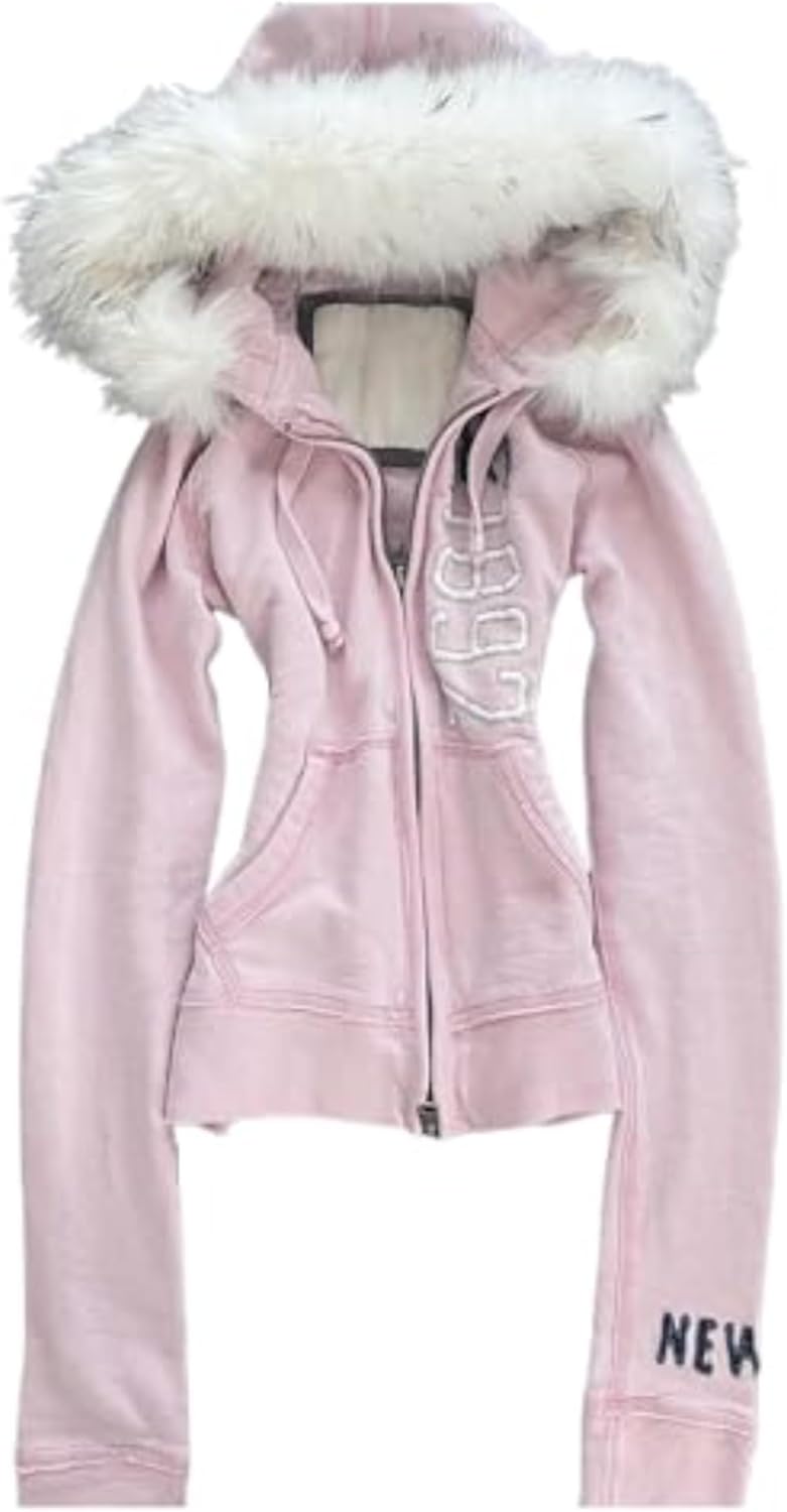 Y2k Fur Zip Up Hoodie Women Teen Girls 2000s Preppy Clothes Grunge Vintage Sweatshirt Fall Winter Streetwear Jacket