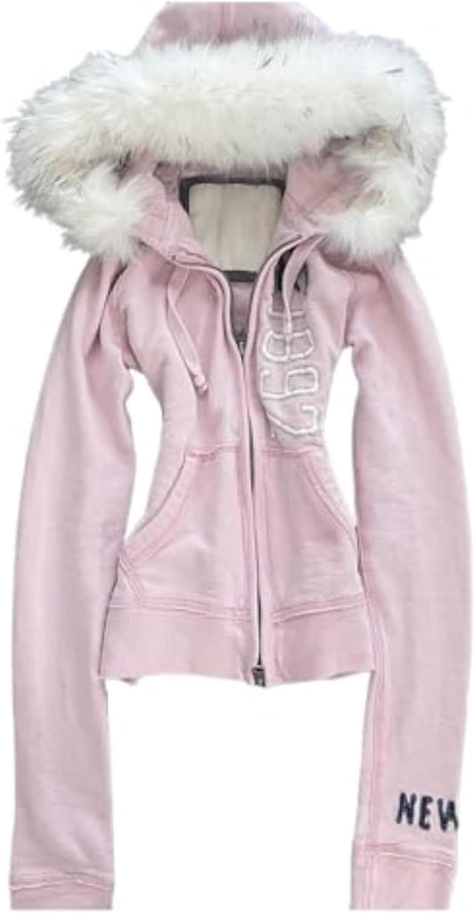 Y2k Fur Zip Up Hoodie Women Teen Girls 2000s Preppy Clothes Grunge Vintage Sweatshirt Fall Winter Streetwear Jacket