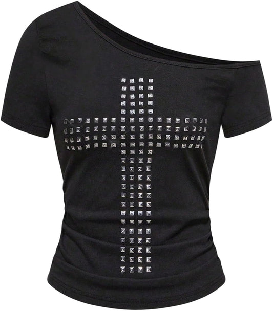 Women's Plus Size Y2k Off The Shoulder Top Cross Rivet Punk Short Sleeve T Shirt Going Out Tops Streetwear