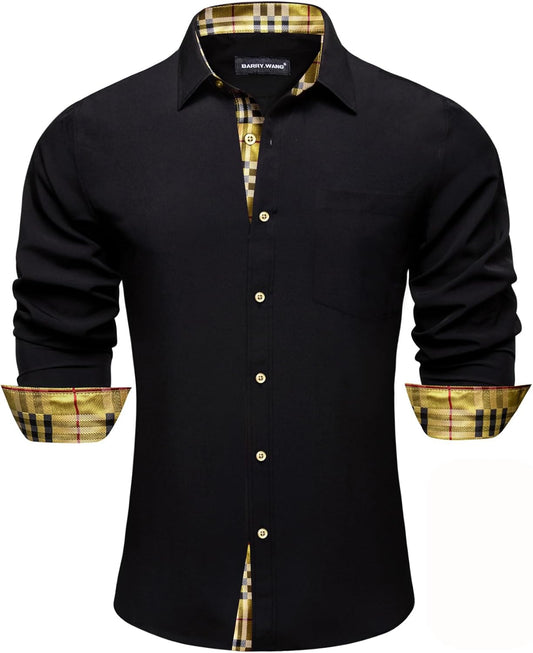 Men's Dress Shirts Checkered Paisley Collar Cuff Contrast Button Down Long Sleeve Formal Casual Shirt Western
