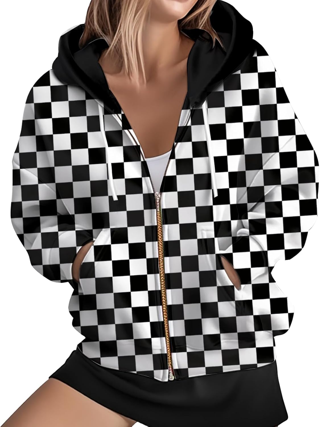 Women's Zip Front Plaid Sweatshirts Print Hoodie Fall Jackets Long Sleeve Casual Drawstring Clothes