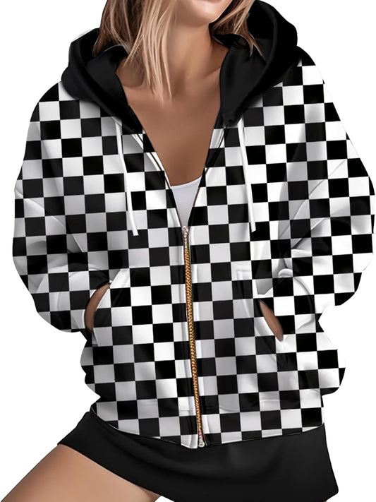 Women's Zip Front Plaid Sweatshirts Print Hoodie Fall Jackets Long Sleeve Casual Drawstring Clothes