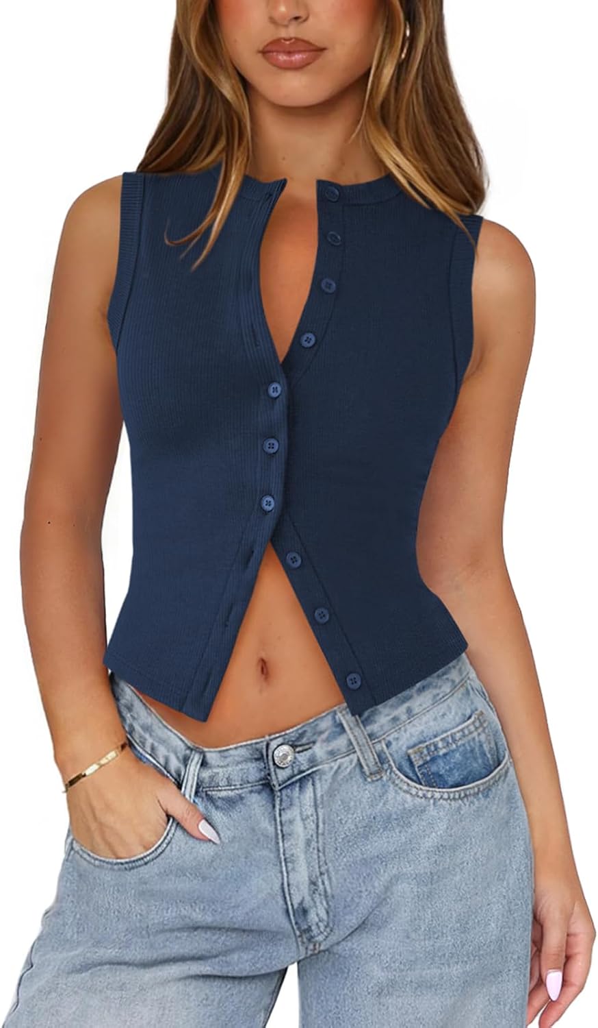 Womens Button Down Tank Top Sleeveless Ribbed Fitted Vest Casual Crewneck Trendy Y2K Going Out Crop Knit Vest Top