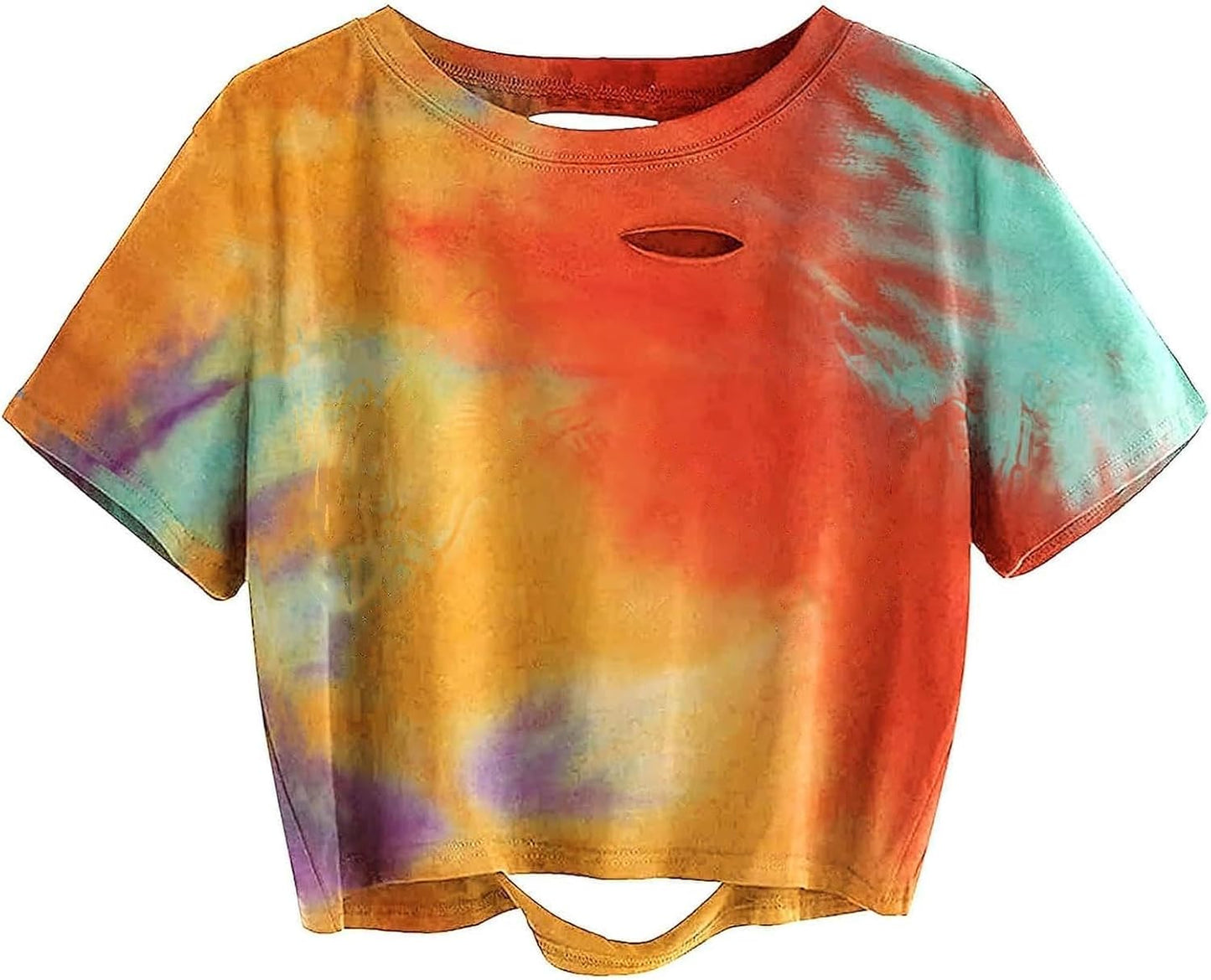 Tie Dye Shirt Women Ripped Short Sleeve Crop Tops Distressed Cropped T Shirts for Concert Halloween Goth Rock