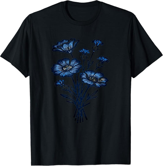 Vintage Indigo Blue Floral Wildflowers Botanical Nature Art T-Shirt
